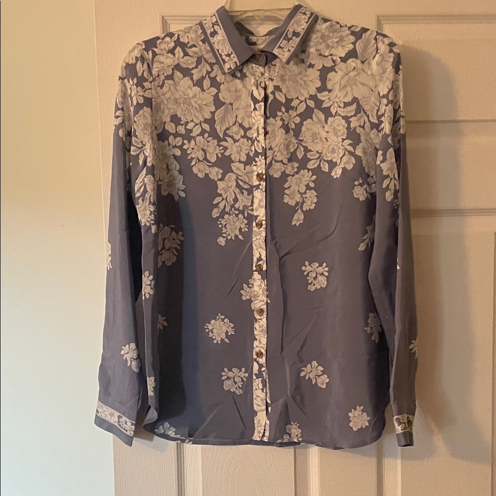 Maeve Floral Button-Down Blouse in Lavender and Cream